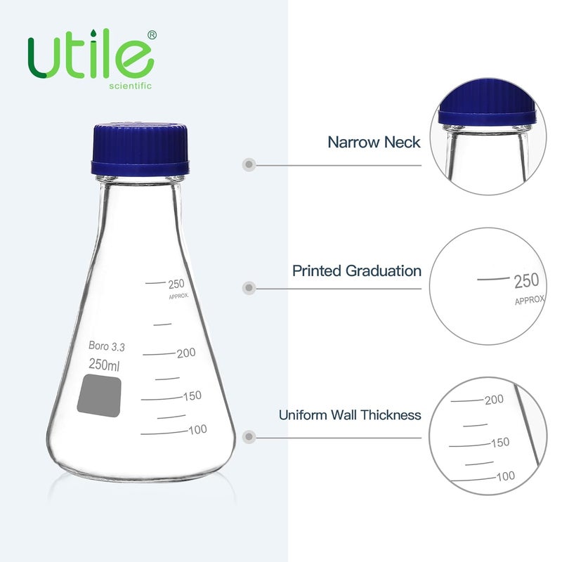 UTILE 4 Pcs 250ml Glass Erlenmeyer Flask with Blue Cap, Narrow Mouth Erlenmeyer Flasks, Borosilicate 3.3 Glass Conical Flask for Lab Experiment Chemistry Science,4016.0752.4 - Image 4